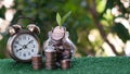 Plant growing from pile of coins with vintage clock beside. Time is money. Savings and investment concept Royalty Free Stock Photo
