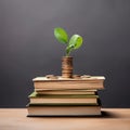 Plant Growing on Savings Coins with book,Investment and retirement of education Concept,AI generated