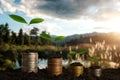 Plant growing step with coins stack on dirt and sunshine in nature morning light. concept saving money Royalty Free Stock Photo