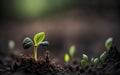 Plant grows, farming and plant growth is set against with blurry backdrop, sprouting from seed and developing into a seedling Royalty Free Stock Photo