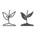 Plant grows in ground line and solid icon, Nature concept, plant flower in soil symbol on white background, sprout with