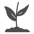 Plant grows in ground solid icon, Nature concept, plant flower in soil symbol on white background, sprout with two