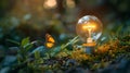 A plant grows inside a light bulb on a green lawn with a butterfly. Concept of eco-technology. Royalty Free Stock Photo