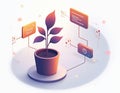 Plant grows in pot. Connected to business process stages and tasks like clock, document, cloud. Shows development stages and Royalty Free Stock Photo