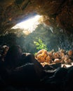 Plant hit by sunlight at Ana Te Pahu Cave - Easter Island, Chile