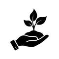 Plant in Human Hand Silhouette Icon. Growth Eco Tree Environment Glyph Pictogram. Ecology Organic Seedling Sign. Flower
