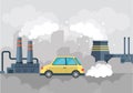 Plant or industrial factory building and car with smoking chimneys, smoke in air, waste pollution Royalty Free Stock Photo