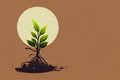 a plant with a large green leaf on top of it\'s roots in front of a full moon