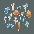 Plant leaves and flowers. Set of isolated sticker. Floral decorative elements for natural grainy style. Hand drawn flat Royalty Free Stock Photo