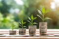 Plant and money growing on stacks of coins, neural network image Royalty Free Stock Photo