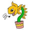 The plant monster is in the pot eating insects, doodle icon image kawaii