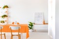 Plant next to cabinet with poster in white dining room interior with chairs at orange table Royalty Free Stock Photo