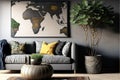 Plant next to grey corner sofa in african living room interior with poster and pouf. Real photo Royalty Free Stock Photo