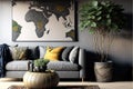 Plant next to grey corner sofa in african living room interior with poster and pouf. Real photo Royalty Free Stock Photo