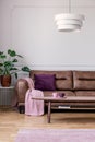 Plant next to leather settee with pink blanket in retro loft interior with lamp above table.