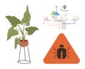 Plant in Pot with Stand, Cyber Connections, and Bug Warning in Triangular Caution Sign Royalty Free Stock Photo