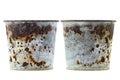 Plant pots full of flaky coating of iron oxide