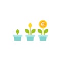 3 plant in pots with green leaves and euro coin as a flower. Growing process vector icon. Income growth flat icon Royalty Free Stock Photo