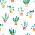 Plant pots seamless vector pattern. Repeating pattern with potted plants flat Scandinavian style. Room plants design