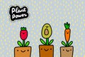 Plant power hand drawn vector illustration in cartoon comic style pots with smiling fruits vegetables Royalty Free Stock Photo