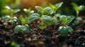 Plant propagation. Seedlings grown in germination sequence on fertile soil with green background. Care for and water Royalty Free Stock Photo