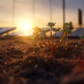 Plant rising from the ground at sunset with solar panels in the background. Eco, sustainability, renewable energies. Generative Royalty Free Stock Photo