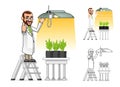 Plant Scientist Cartoon Character Hanging a Grow Light