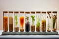 Plant seeds in test tubes for genetics research Laboratory Analysis of Agricultural Commodities. Generative AI