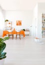 Plant in spacious white dining room interior with chairs at table and poster on the wall