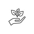 Plant, sprout in a hand line icon, outline vector sign, linear style pictogram isolated on white. Royalty Free Stock Photo