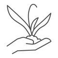 Plant sprout in hand thin line icon, gardening concept, Flower plant in hand sign on white background, Human palm holds Royalty Free Stock Photo