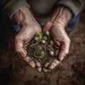 Plant sprouts in hands of a man close-up