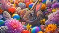 A sculpture of a rabbit amidst Easter eggs and flowers in a garden AIG42E