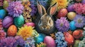A sculpture of a rabbit amidst Easter eggs and flowers in a garden AIG42E