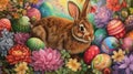 A sculpture of a rabbit amidst Easter eggs and flowers in a garden AIG42E