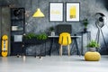 Home office with yellow skateboard