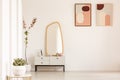 Plant on table and mirror on white cabinet in simple living room