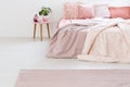 Plant on table next to bed with pink sheets and cushions in past