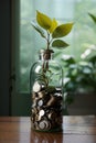 A plant on top of a bottle filled with coins