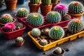 Plant trays on tables contain pots with vibrant Mammillaria spinosissima. In pots, colored cactus. Royalty Free Stock Photo