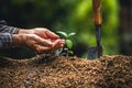 Plant a tree Passion fruit Strong seedlings, Planting young tree by old hand on soil as care and save wold concept