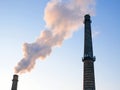 Plant tubes with gray smoke on blue sky, chemical plant towers of nuclear power plant against the blue sky