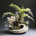 Organic Architecture: White Bowl With Fern Bonsai And Detailed Petals