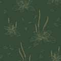 Plantain with flowers and leaves on a dark background. Hand drawn vector seamless pattern