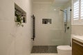 Plantation shutters ensuite bathroom - selective focus