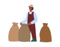 Plantation worker collects coffee in bags, cartoon vector illustration isolated.