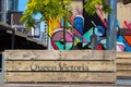 Planter boxes and colorful artwork at the Queen Victoria Markets