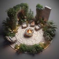Nature-inspired Outdoor Space With Circular Fire Pit And Detailed Foliage