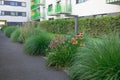 apartment building with loggias and balconies in Poland. Residential building with landscaped yard or garden.