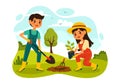 Planting Plants Vector Illustration with People Enjoy Gardening, Plant, Watering or Digging in the Garden in Flat Kids Cartoon Royalty Free Stock Photo